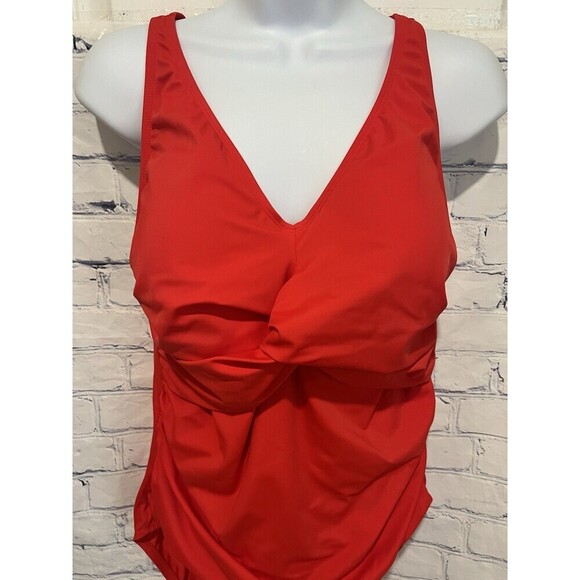 Denim & Co. Beach Twist V-Neck One-Piece with Ruching Red Plus Size 16 - Picture 2 of 7